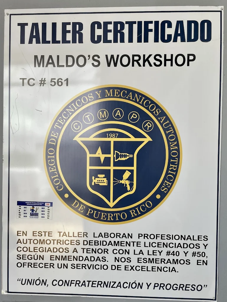 Certificado Taller Maldo's Workshop TC 561 Arecibo Puerto Rico
